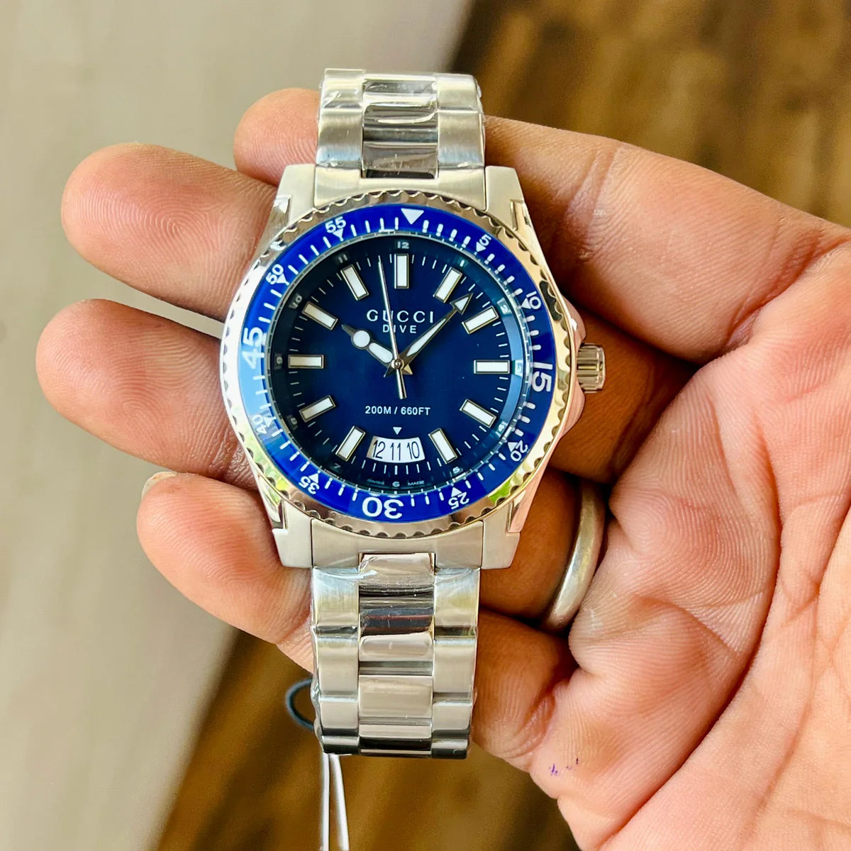 GUCCI DIVE YA136203 BEST HIGH PREMIUM QUALITY PURE JAPAN MACHINE FULL STEEL METAL BELT BLUE DIAL