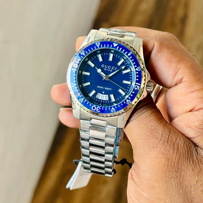 GUCCI DIVE YA136203 BEST HIGH PREMIUM QUALITY PURE JAPAN MACHINE FULL STEEL METAL BELT BLUE DIAL