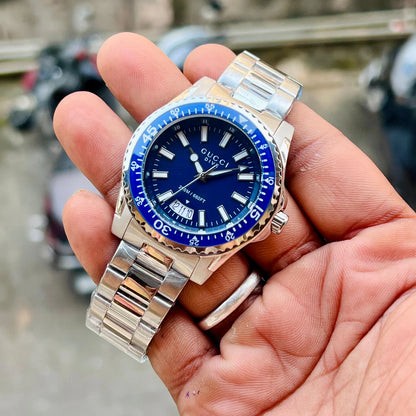 GUCCI DIVE YA136203 BEST HIGH PREMIUM QUALITY PURE JAPAN MACHINE FULL STEEL METAL BELT BLUE DIAL