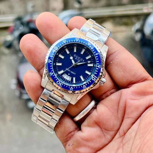 GUCCI DIVE YA136203 BEST HIGH PREMIUM QUALITY PURE JAPAN MACHINE FULL STEEL METAL BELT BLUE DIAL